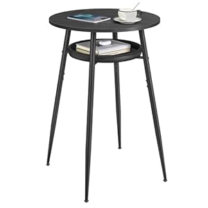 VASAGLE EKHO Collection Bar Table with Storage Round High Pub Table Synthetic Leather with Stitching Mid Century Modern Kitchen Home Bar Living Room Easy Assembly Ebony Black and Ink Black