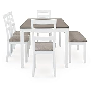   Signature-Design-by-Ashley-Stonehollow-Modern-Farmhouse-Dining-Table-with-Upholstered-Chairs-and-Bench-Set-of-6-White-Gray
