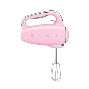Smeg pink 50s retro style electric hand mixer with set of dough hooks set of beaters and set of whisks  urban country home decor