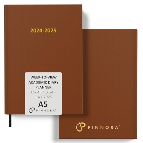 Pinnora A5 Leather Tan Academic Diary 2024-2025 Week to View, Hard Cover, August-July Dated Year Organiser Planner, Ideal Student & Teacher Academic Essential, University, Revision, Study, To-Do Lists