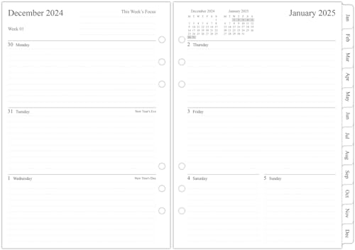 Orgnizme 2025 Weekly Diary Refill A5 Size, Compatible with Filofax A5 Organiser, Week on Two Pages, Monthly Tabs