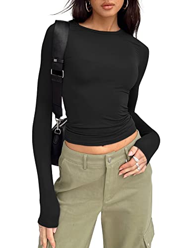 Trendy Queen Womens Long Sleeve Shirts Fall Fashion 2025 Basic Crop Tops Going Out Workout Outfits Y2k Clothes