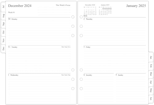 newestor 2024-2025 Middle Year Weekly Diary Refill A5 Size, Compatible with Filofax A5 Organizers, Two Pages Per Week, Monthly Tabs, July 2024 - June 2025