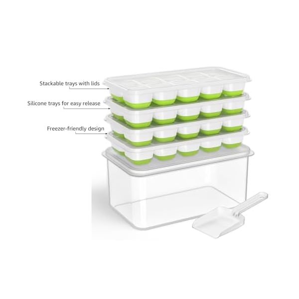   DOQAUS-Ice-Cube-Tray-with-Lid-and-Bin-4-Pack-Silicone-Plastic-Ice-Cubes-Trays-for-Freezer-with-BoxContainer-Stackable-with-Storage-Iced-Bucket-Kits-Scoop-for-Baby-Food-Cocktail-Coffee