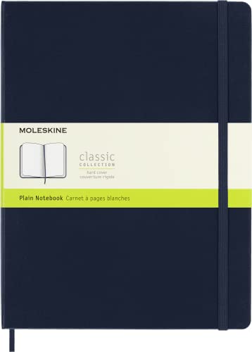 Moleskine Classic Plain Paper Notebook, Hard Cover and Elastic Closure Journal, Color Sapphire Blue, Size Extra Large 19 x 25 cm, 192 Pages