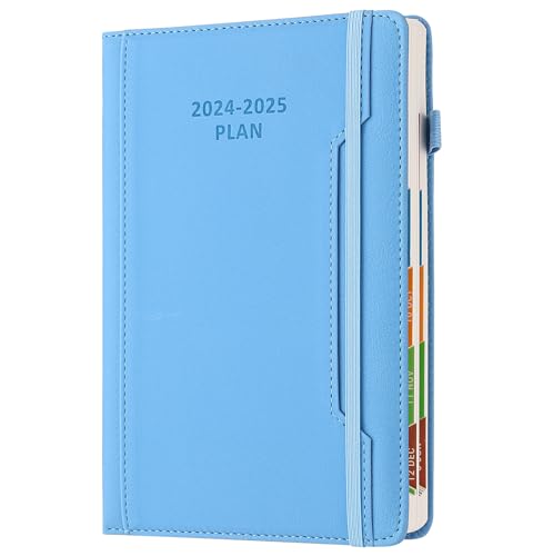 Academic Diary Year 2024-25 A5 Page A Day,Mid Year Academic Planner July 2024 to June 2025,Hardcover Agenda with Pen Holder, Front Pocket,Colorful Monthly Tab,Elastic Closure (Blue)
