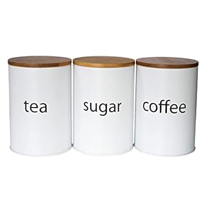   SOTECH-3Pcs-White-Metal-Canisters-Sugar-Coffee-Tea-Storage-Jars-for-Kitchen-Countertop-Round-with-Bamboo-Lid-Farmhouse-Country-Kitchen-Decor