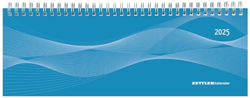 Zettler - Tisch-Querkalender 2025 blau, 29,7x10,5cm, Bürokalender mit 128 Seiten, Tages-, 1 Woche auf 2 Seiten, Monatsübersicht, Notizbereich, Adressteil, Ringbindung und deutsches Kalendarium
