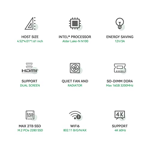 TRIGKEY Mini PC 12th Gen Intel Alder Lake-N100 Prozessor (bis zu 3,40GHz) Green G4 Mini Computer 11 Pro, 16G DDR4 3200Mhz 500G M.2 NVME SSD Mini Desktop, Dual HDMI, WiFi 6, BT 5.2, USB 3.2 Gen 2 – Bild 3