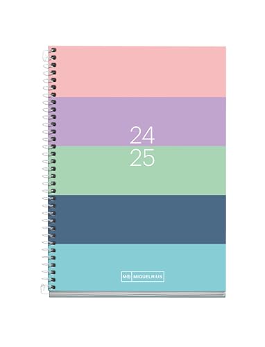 Miquelrius Agenda scolaire 2024-2025 - Septembre 24 à juin 25-117 x 174 mm, un jour par page, couverture en carton doublé, agenda 2024/2025, spirale métallique blanche, espagnol et anglais, écriture