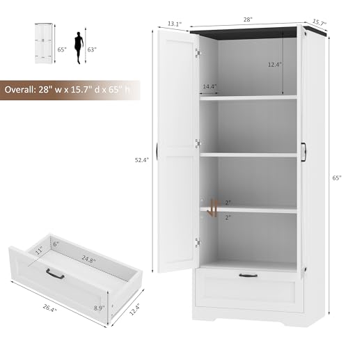 Shintenchi-Kitchen-Pantry-Cabinet-Freestanding-Farmhouse-Storage-Cabinet-with-4-Shelves-and-1-Drawer-Tall-Cupboard-for-Kitchen-Living-Room-Dining-Room-and-Bathroom-White Shintenchi Kitchen Pantry Cabinet Freestanding Farmhouse Storage Cabinet with 4 Shelves and 1 Drawer Tall Cupboard for Kitchen Living Room Dining Room and Bathroom White