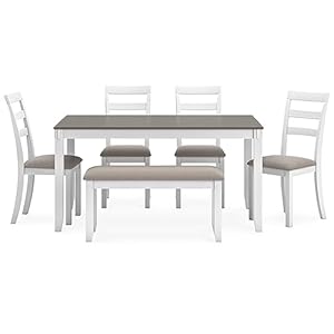   Signature-Design-by-Ashley-Stonehollow-Modern-Farmhouse-Dining-Table-with-Upholstered-Chairs-and-Bench-Set-of-6-White-Gray