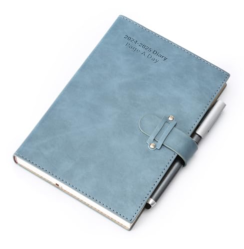 Agenda académique 2024-2025 2024/25 une page par jour, hebdomadaire et mensuel avec papier épais beige, couverture rigide, avec stylo, autocollants, notes (bleu 7 2024-6 2025, format A5)