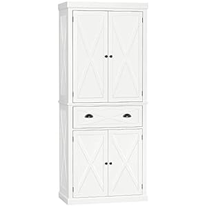   HOMCOM-72-Kitchen-Pantry-Storage-Cabinet-Traditional-Freestanding-Cupboard-with-4-Doors-and-3-Adjustable-Shelves-Large-Central-Drawer-X-Frame-White