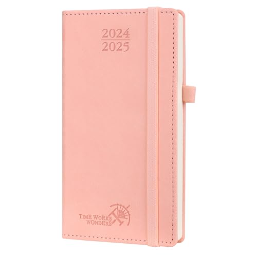 POPRUN 2024-2025 Academic Pocket Diary Week to View Slim (16.5x9 cm) 17 Months (Aug'24 - Dec'25) Small PU Leather Cover Diary, 24/25 Mid Year Weekly Planner (Pink)