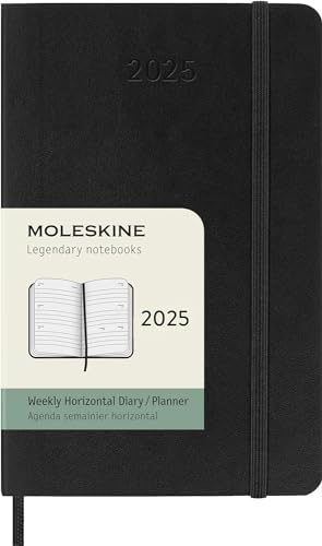 Moleskine Weekly Planner, Horizontale 12-Monats-Wochenplaner 2025, Weicher Einband und Elastischer Verschluss, Farbe Schwarz, TaschenFormat 9x14 cm