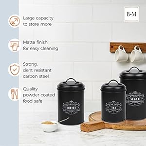   Baie-Maison-Large-Black-Kitchen-Canisters-Set-of-3-Farmhouse-Canister-Sets-for-Kitchen-Counter-Coffee-Tea-Sugar-Container-Set-Rustic-Kitchen-Canisters-for-Countertop-Metal-Kitchen-Decor-Jars
