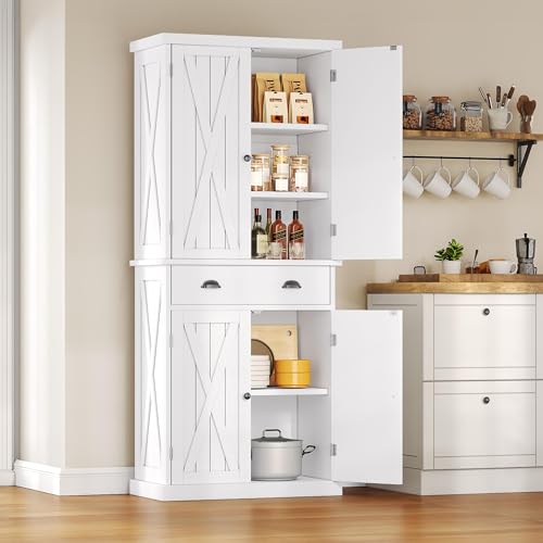 DWVO-72-Tall-Farmhouse-Kitchen-Pantry-with-Adjustable-Shelves-Wood-Kitchen-Storage-Cabinets-with-Doors-Drawer-Freestanding-Cupboard-for-for-Kitchen-Dining-Room-Living-Room-White DWVO 72 Tall Farmhouse Kitchen Pantry with Adjustable Shelves Wood Kitchen Storage Cabinets with Doors Drawer Freestanding Cupboard for for Kitchen Dining Room Living Room White