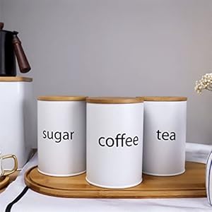   SOTECH-3Pcs-White-Metal-Canisters-Sugar-Coffee-Tea-Storage-Jars-for-Kitchen-Countertop-Round-with-Bamboo-Lid-Farmhouse-Country-Kitchen-Decor