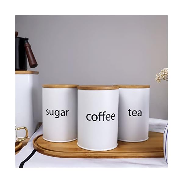   SOTECH-3Pcs-White-Metal-Canisters-Sugar-Coffee-Tea-Storage-Jars-for-Kitchen-Countertop-Round-with-Bamboo-Lid-Farmhouse-Country-Kitchen-Decor
