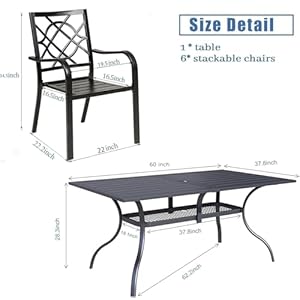 Incbruce 7 Pcs Outdoor Dining Set Wrought Iron Patio Dining Set Dining Furniture Set 6 Dining Chair and 1 Rectangular Table with 157 Umbrella Hole for GardenBackyardMetal Tabletop
