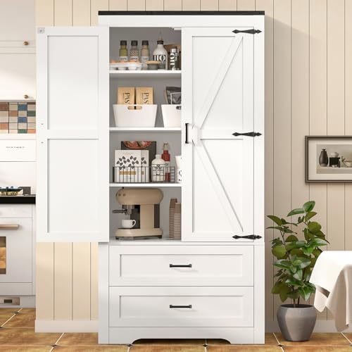 usikey-71-H-Pantry-Cabinet-Farmhouse-Tall-Storage-Cabinet-with-2-Drawers-3-Shelves-Kitchen-Storage-Cabinet-Wood-Cupboard-for-Dining-Room-Living-Room-White usikey 71 H Pantry Cabinet Farmhouse Tall Storage Cabinet with 2 Drawers 3 Shelves Kitchen Storage Cabinet Wood Cupboard for Dining Room Living Room White
