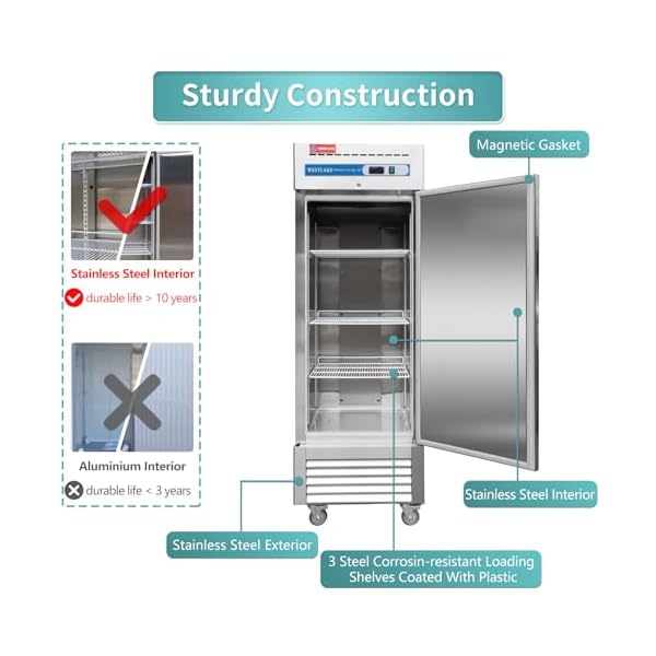   WESTLAKE-27-W-Commercial-Refrigerator-Stainless-Steel-Reach-in-Solid-Single-Door-Upright-Fan-Cooling-23-Cuft-Cooler-for-Restuarant-Bar-Shop-etc