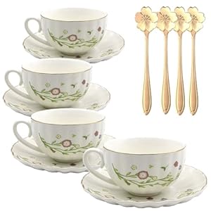 Teacup and Saucer Set Tea Cup Set of 4 White Coffee Mugs Cappuccino Cups 7oz Espresso Mugs Flower Tea Cup with Gold Trim Tea Set for Women Tea Party Afternoon Tea Home Office