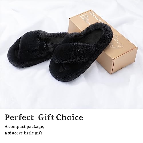 Chantomoo Women's Blue Memory Foam Faux Fur Lined Open Toe Slippers for Women - US 12 - Image 6