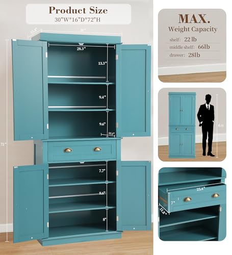 KIGOTY-72-Tall-Kitchen-Pantry-Cabinet-Farmhouse-Storage-Cabinet-Kitchen-Pantry-Storage-Cabinet-with-DoorsDrawer-and-Adjustable-Shelves-Freestanding-Cupboard-for-Living-RoomBlue KIGOTY 72 Tall Kitchen Pantry Cabinet Farmhouse Storage Cabinet Kitchen Pantry Storage Cabinet with DoorsDrawer and Adjustable Shelves Freestanding Cupboard for Living RoomBlue