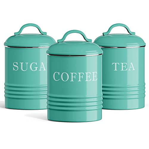 Barnyard Designs Canister Sets for Kitchen Counter Vintage Kitchen Canisters Country Rustic Farmhouse Decor Coffee Tea Sugar Container Set Metal Turquoise