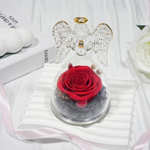 Sunia Preserved Flower Rose Gift for Women - Mother's Day Birthday Gifts for Mom Wife Grandma, Glass Angel Figurines Forever Real Roses Gifts for Her Valentine Day Thanksgiving (Red) - Image 5