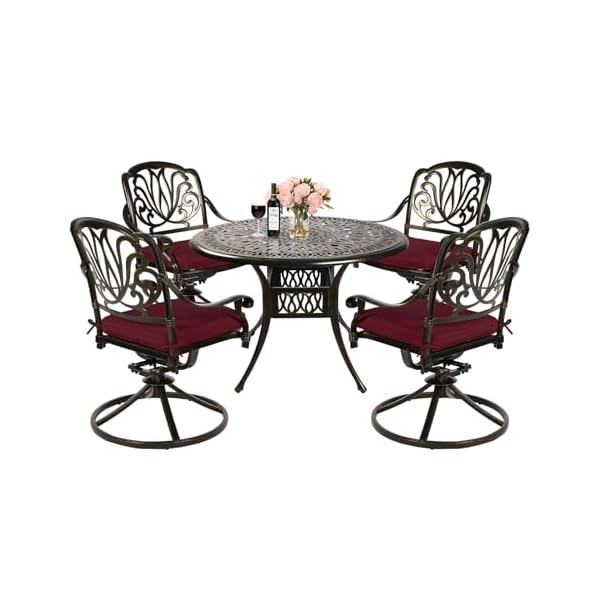   MEETWARM-5-Piece-Outdoor-Patio-Dining-Set-All-Weather-Cast-Aluminum-Patio-Conversation-Set-for-Backyard-Garden-Deck-with-4-Cushions-Swivel-Rocker-Chairs-and-354-Round-Table-Chili-Red