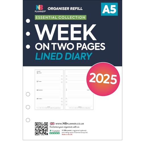 2025 Week on two pages lined diary A5-size refill insert | Filofax A5 COMPATIBLE | Monday start | English (2025 White)