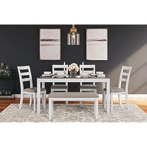   Signature-Design-by-Ashley-Stonehollow-Modern-Farmhouse-Dining-Table-with-Upholstered-Chairs-and-Bench-Set-of-6-White-Gray
