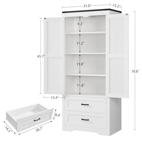 usikey-71-H-Pantry-Cabinet-Farmhouse-Tall-Storage-Cabinet-with-2-Drawers-3-Shelves-Kitchen-Storage-Cabinet-Wood-Cupboard-for-Dining-Room-Living-Room-White usikey 71 H Pantry Cabinet Farmhouse Tall Storage Cabinet with 2 Drawers 3 Shelves Kitchen Storage Cabinet Wood Cupboard for Dining Room Living Room White