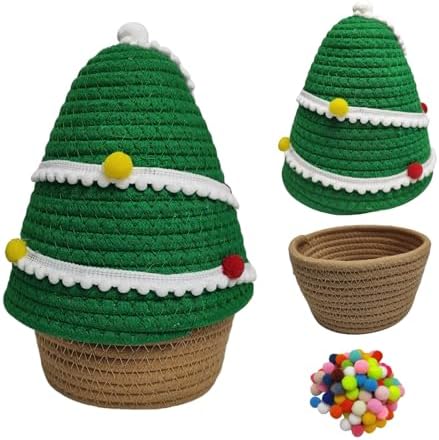 SINGLIN Christmas Tree Woven Basket with Lid and Pom-Poms