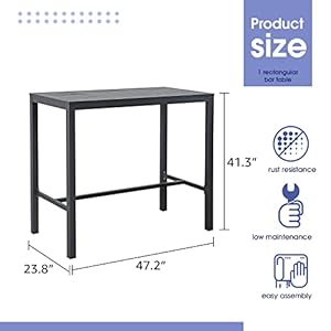 Soleil Jardin Bar Table High Top Table with All Aluminum Frame Rectangular Pub Table for Indoor Outdoor Use Easy Assembly Low Maintenance Dark Grey