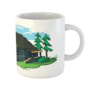 Lunarable Countryside Mug Mountain Cottage Russian Hut Wooden Cartoon House Farmhouse by Pines Ceramic Coffee Mug Cup for Water Tea Drinks 11 oz Earth Yellow Green