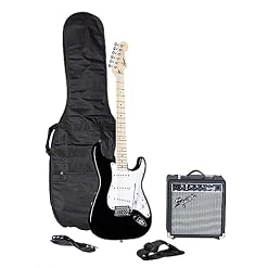 Squier Series Stratocaster Pack MN Black Kit de guitares électriques - Les Beatles, Paul McCartney, John Lennon, RIngo Starr, George Harrison