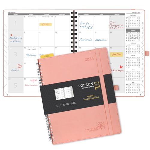 POPRUN Agenda Mensuel 2024 2025 Spirale Scolaire - 18 Mois Planificateur Mensuel De Jan'24 à Juin'25 avec Couverture Souple en PU Cuir, Papier 100 g/m² - 26,5 x 21,5 cm, Rose