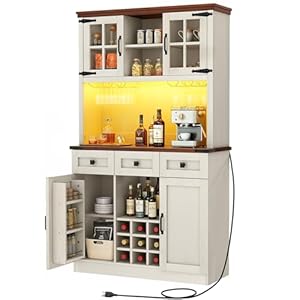 DWVO Coffee Bar Cabinet with Power OutletLights 72 Farmhouse Pantry Cabinet with Storage Shelves and 3 Drawers Tall Liquor Cabinet Bar Cabinets for HomeLiving Room Antique White