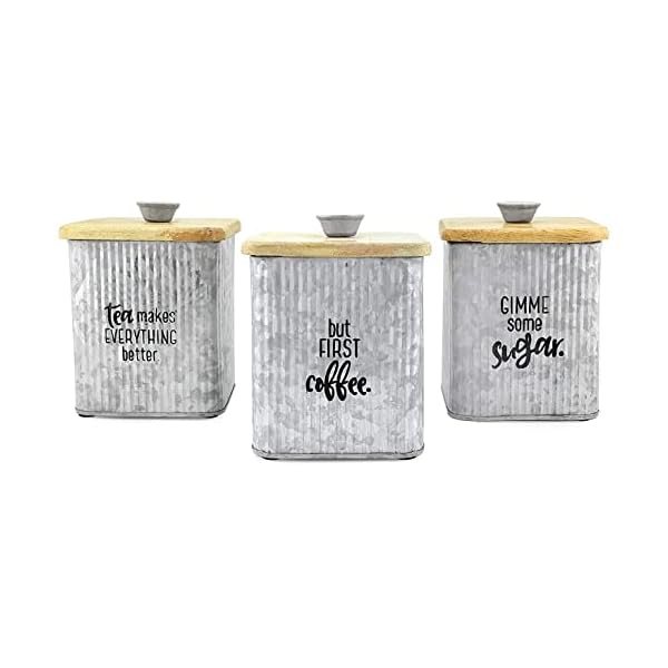   AuldHome-Design-Farmhouse-Galvanized-Canisters-Set-of-3-Storage-Containers-for-Coffee-Tea-and-Sugar-in-Galvanized-Iron-and-Wood-Design