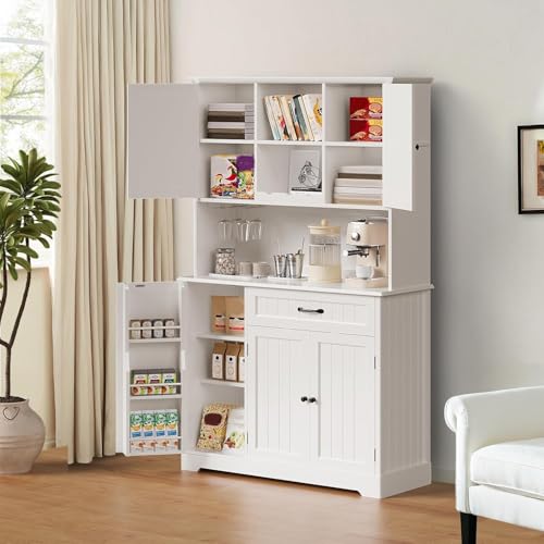 Gizoon-67-Kitchen-Pantry-Cabinet-with-Microwave-Shelf-Tall-Coffee-Bar-Cabinet-with-Doors-and-Shelves-Farmhouse-Kitchen-Hutch-Cabinet-with-Storage-for-Kitchen-Bathroom-and-Living-Room-White Gizoon 67 Kitchen Pantry Cabinet with Microwave Shelf Tall Coffee Bar Cabinet with Doors and Shelves Farmhouse Kitchen Hutch Cabinet with Storage for Kitchen Bathroom and Living Room White