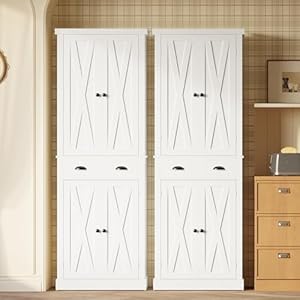 Ironck kitchen pantry storage cabinet 726 h x 24 w with barn doors drawer 4 adjustable shelves freestanding cupboard for dining room living room laundry white  urban country home decor