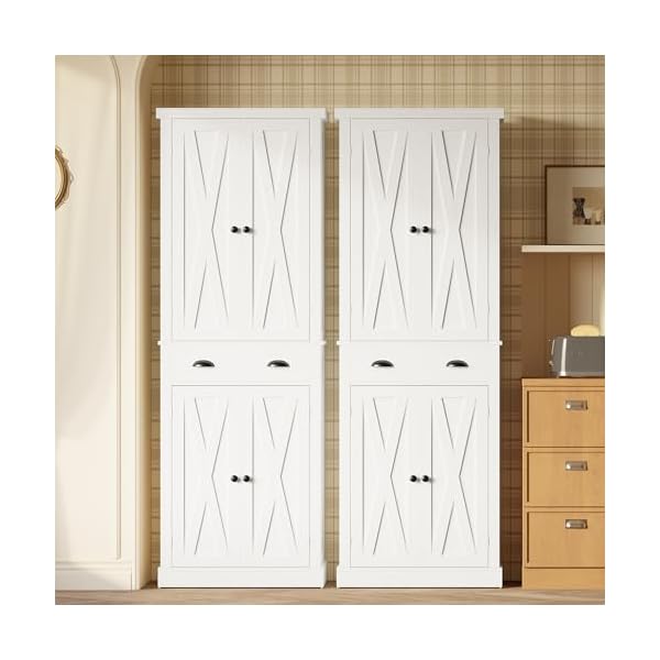 Ironck kitchen pantry storage cabinet 726 h x 24 w with barn doors drawer 4 adjustable shelves freestanding cupboard for dining room living room laundry white  urban country home decor