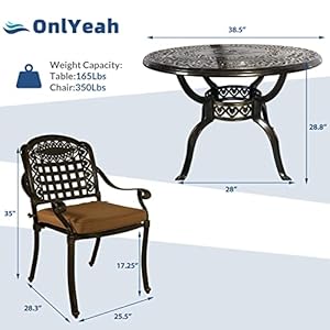 5 Pieces Outdoor Furniture Dining Set All Weather Cast Aluminum Round Patio Table with Umbrella Hole and 4 Cushioned Dining Chairs for Patio Garden Deck Retro Pattern Design