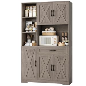   HOSTACK-71-Tall-Kitchen-Pantry-Storage-Cabinet-Farmhouse-Food-Pantry-Cabinet-with-Microwave-Stand-Barn-Doors-Kitchen-Hutch-Cabinet-with-Large-Drawer-and-Shelves-for-Dining-Room-Ash-Grey