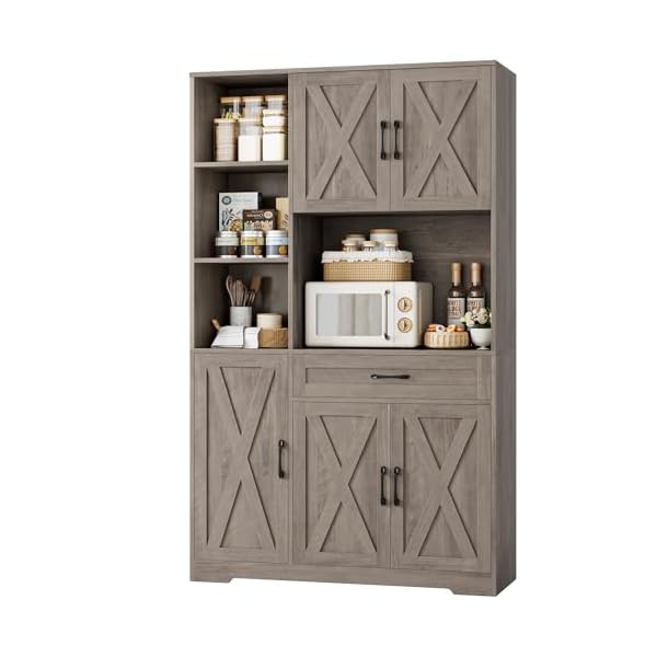   HOSTACK-71-Tall-Kitchen-Pantry-Storage-Cabinet-Farmhouse-Food-Pantry-Cabinet-with-Microwave-Stand-Barn-Doors-Kitchen-Hutch-Cabinet-with-Large-Drawer-and-Shelves-for-Dining-Room-Ash-Grey