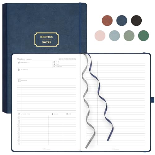 EMSHOI Meeting Notebook A4 Project Organiser - 240 Pages Hardback Notepad with Sticky Notes,100gsm Paper, Pen Loop, Inner Pocket, Leather Journal for Women Men Work Business, 21.5 x 29cm - Blue